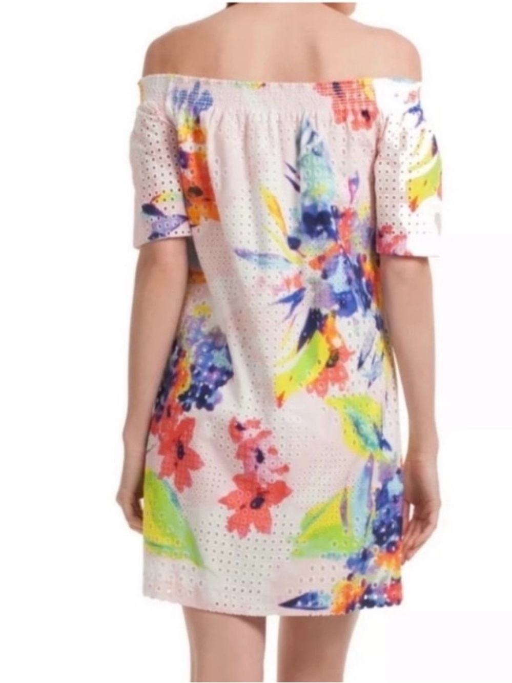 Trina Turk Savilla Off Shoulder Eyelet Floral Tropical Multicolor Dress XS